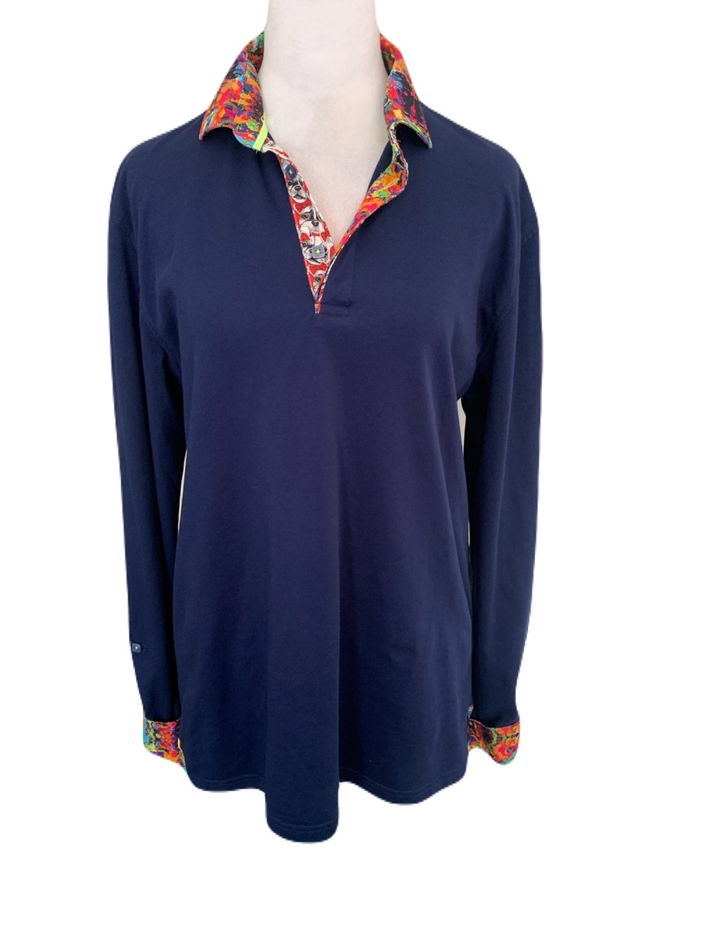 Maceoo Men s3/M Navy Long-Sleeve V Neck Polo Vibrant Watercolor Dog Print Trim